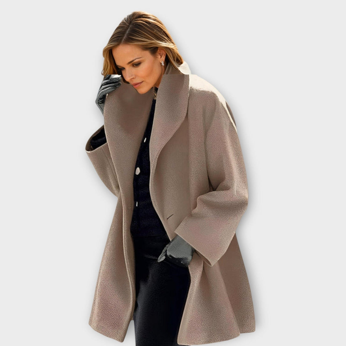 Halflange damesjas in wollook met sjaalkraag en wijde mouwen - taupe