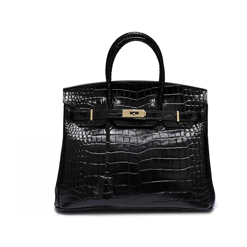 Handtas voor dames met twee ronde handgrepen, klep met draaisluiting en hangslotje - zwart croc-print