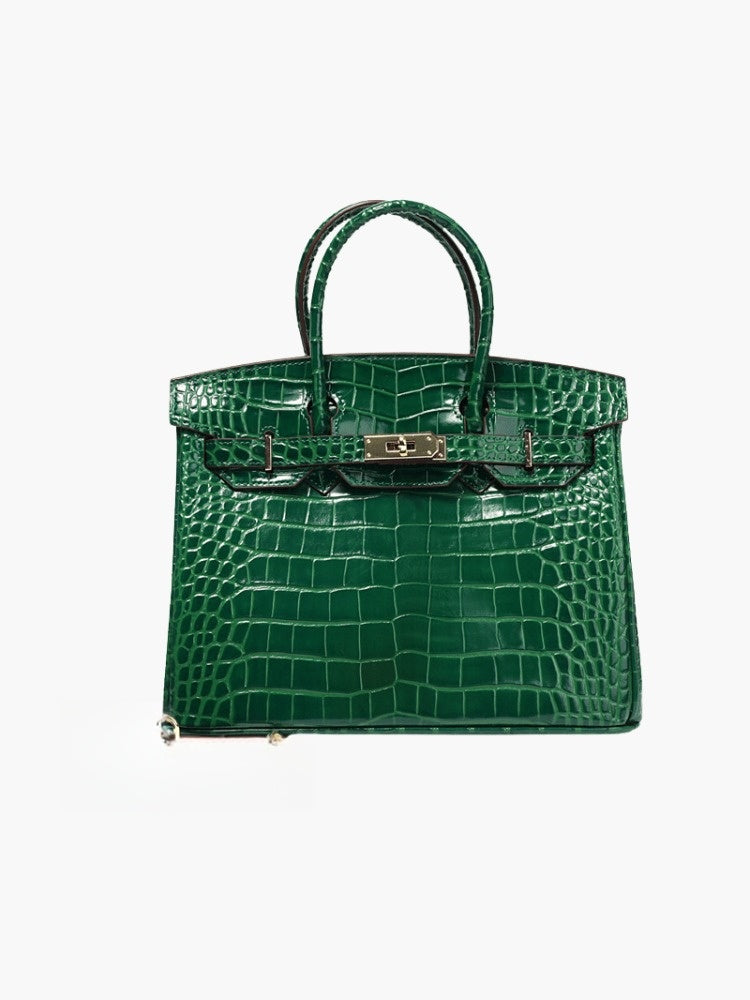 Handtas voor dames met twee ronde handgrepen, klep met draaisluiting en hangslotje - smaragdgroen croc-print