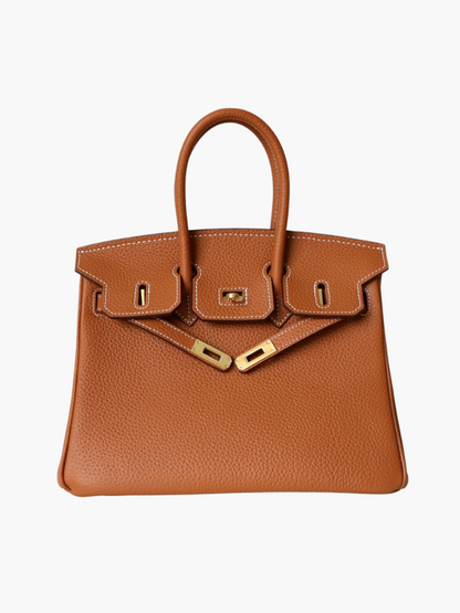 Handtas voor dames met twee ronde handgrepen, klep met draaisluiting en hangslotje - cognac