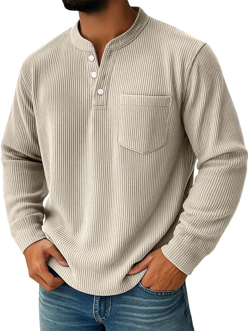 Henley shirt voor heren met lange mouwen, ribstructuur en borstzak - zand