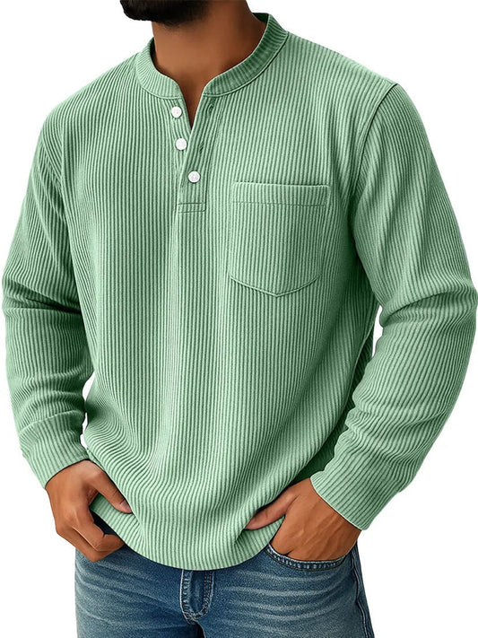 Henley shirt voor heren met lange mouwen, ribstructuur en borstzak - mintgroen
