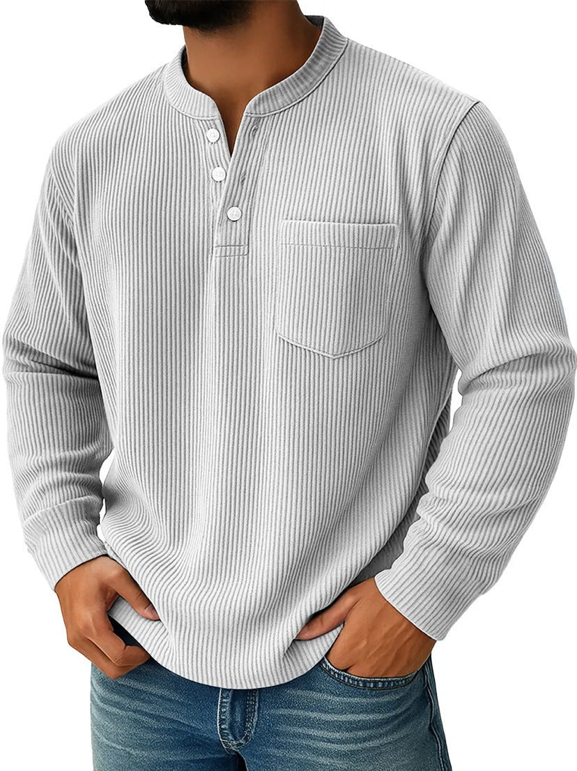 Henley shirt voor heren met lange mouwen, ribstructuur en borstzak - gebroken wit