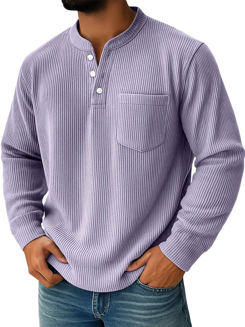 Henley shirt voor heren met lange mouwen, ribstructuur en borstzak - lila