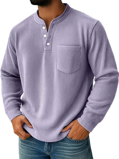 Henley shirt voor heren met lange mouwen, ribstructuur en borstzak - lila