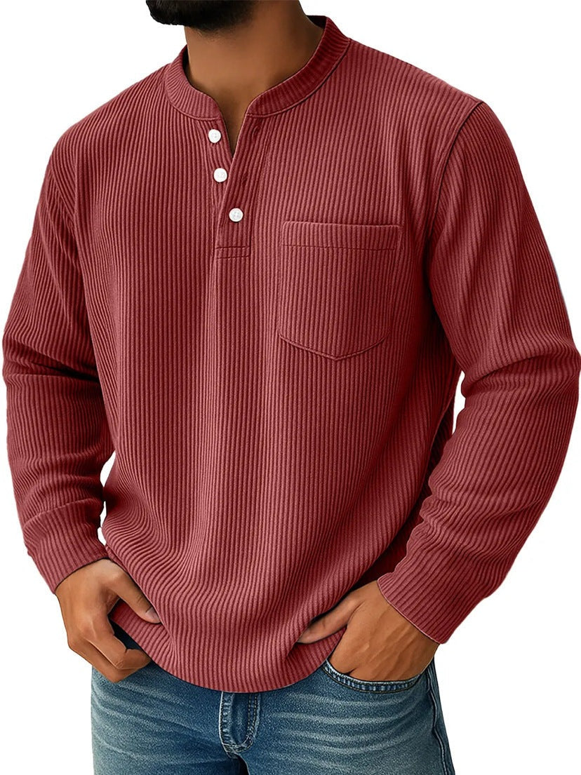 Henley shirt voor heren met lange mouwen, ribstructuur en borstzak - steenrood