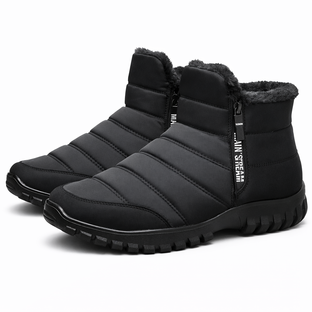Gevoerde heren snowboots met rits opzij en grove profielzool - zwart