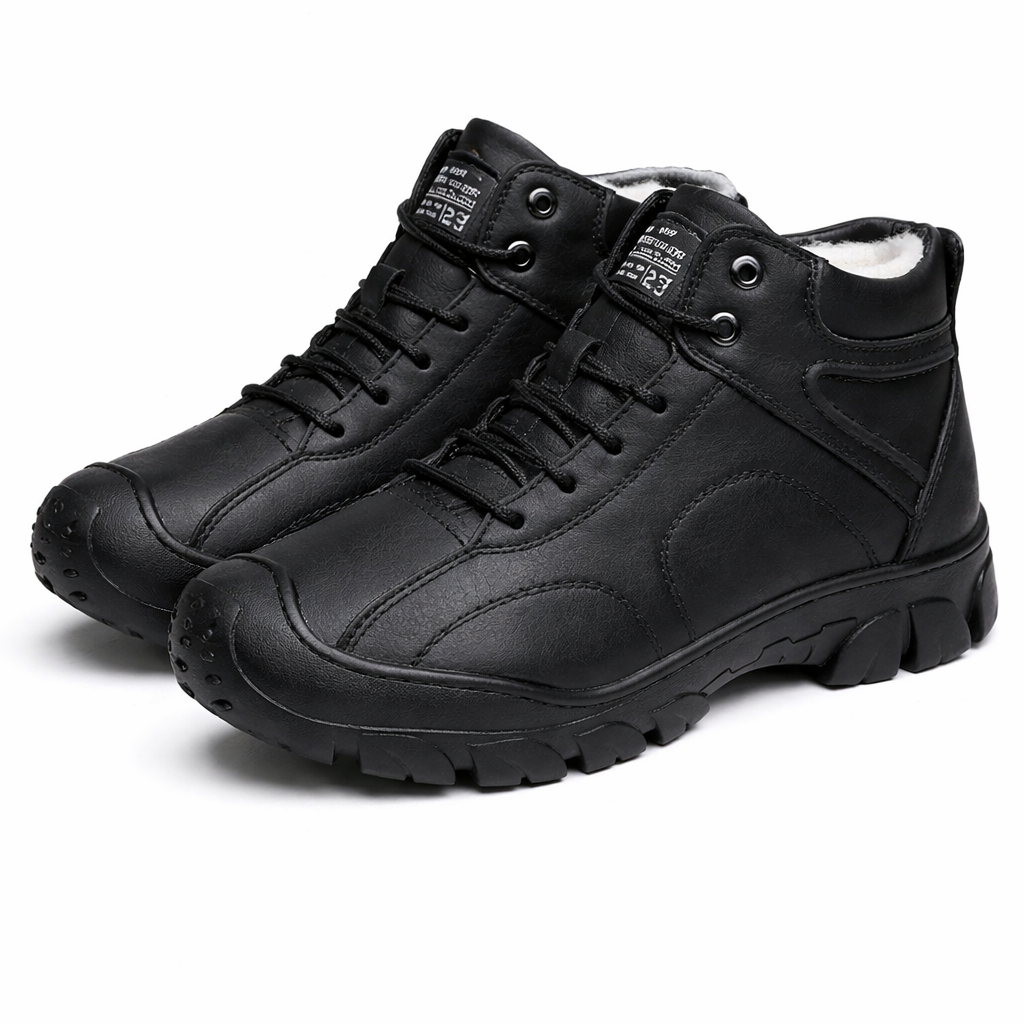 Hoge heren winterschoenen in leerlook met gewatteerde rand en grove zool - zwart