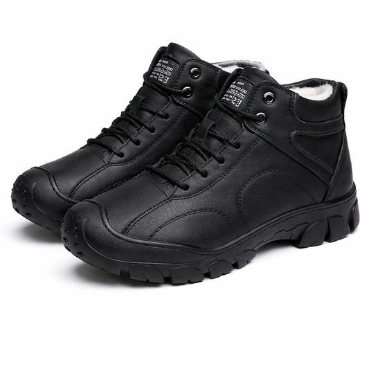 Hoge heren winterschoenen in leerlook met gewatteerde rand en grove zool - zwart