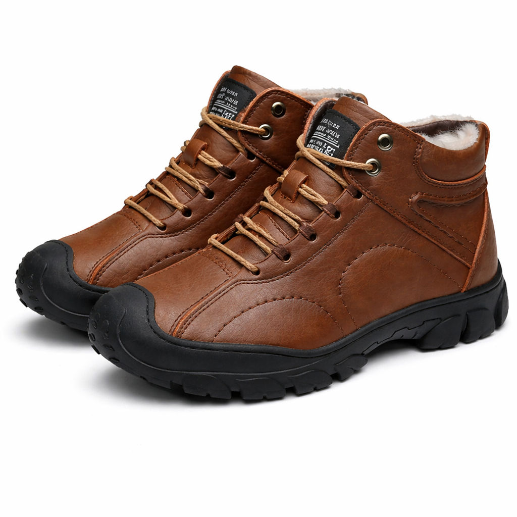 Hoge heren winterschoenen in leerlook met gewatteerde rand en grove zool - bruin