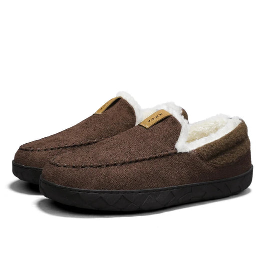 Mocassin herenpantoffels in suède look met teddykraag en rubberzool - bruin