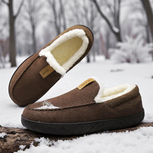 Mocassin herenpantoffels in suède look met teddykraag en rubberzool