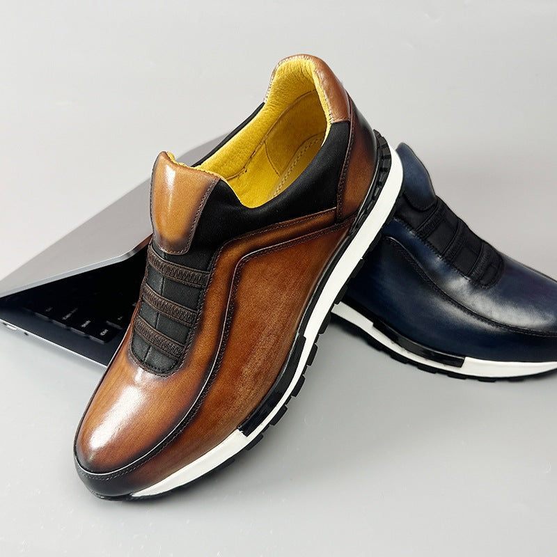 Heren instapsneakers in leerlook met patina-afwerking, elastische banden en gele voering - beeld 3