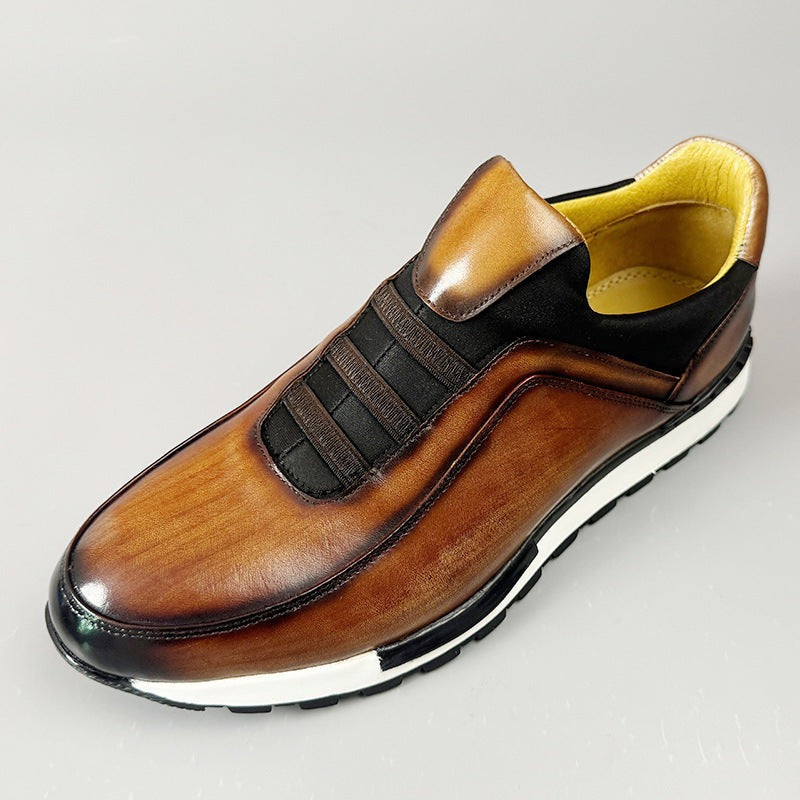 Heren instapsneakers in leerlook met patina-afwerking, elastische banden en gele voering - beeld 4
