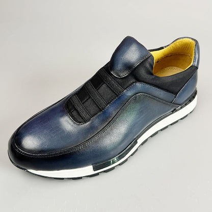 Heren instapsneakers in leerlook met patina-afwerking, elastische banden en gele voering - beeld 5