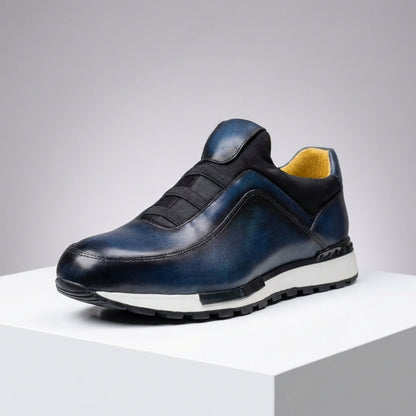 Heren instapsneakers in leerlook met patina-afwerking, elastische banden en gele voering - beeld 7