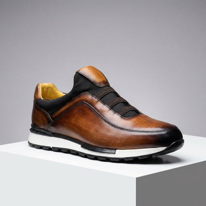 Heren instapsneakers in leerlook met patina-afwerking, elastische banden en gele voering - beeld 8