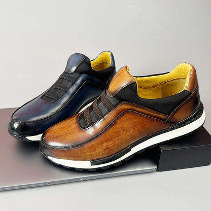 Heren instapsneakers in leerlook met patina-afwerking, elastische banden en gele voering - beeld 9
