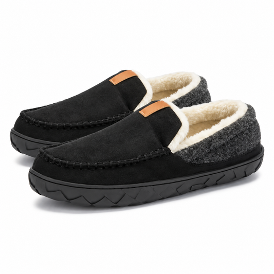 Herenpantoffels met mocassinneus, fleecevoering, gebreid hielstuk en rubberzool - zwart