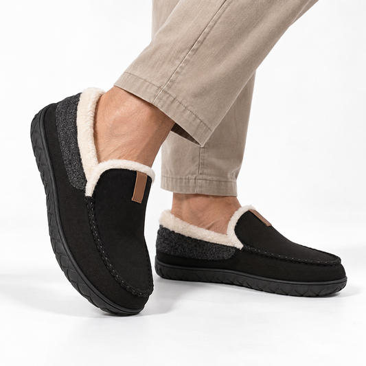 Herenpantoffels met mocassinneus, fleecevoering, gebreid hielstuk en rubberzool