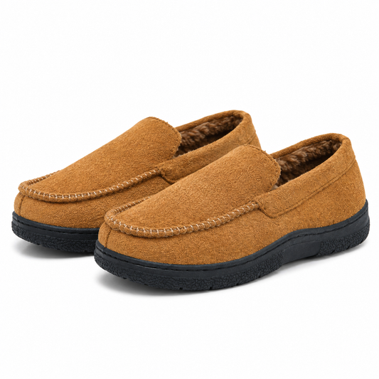 Brede herenpantoffels in suède look met fleecevoering en gesloten hiel - camel