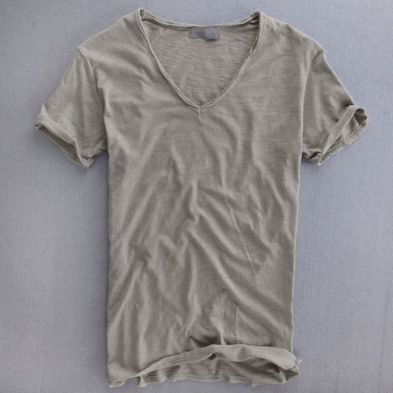 Slim fit heren T-shirt met diepe V-hals, rolrand en omgeslagen korte mouwen - steengrijs