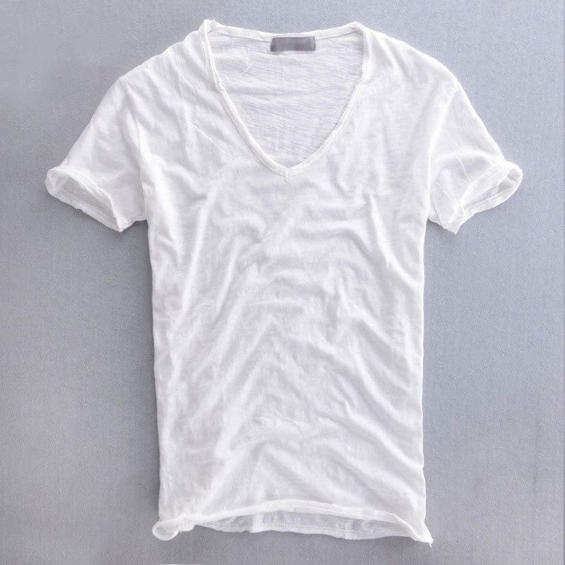 Slim fit heren T-shirt met diepe V-hals, rolrand en omgeslagen korte mouwen - wit