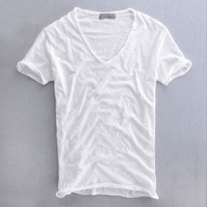 Slim fit heren T-shirt met diepe V-hals, rolrand en omgeslagen korte mouwen - wit