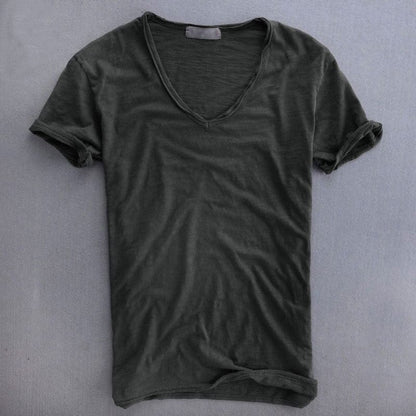 Slim fit heren T-shirt met diepe V-hals, rolrand en omgeslagen korte mouwen - antraciet
