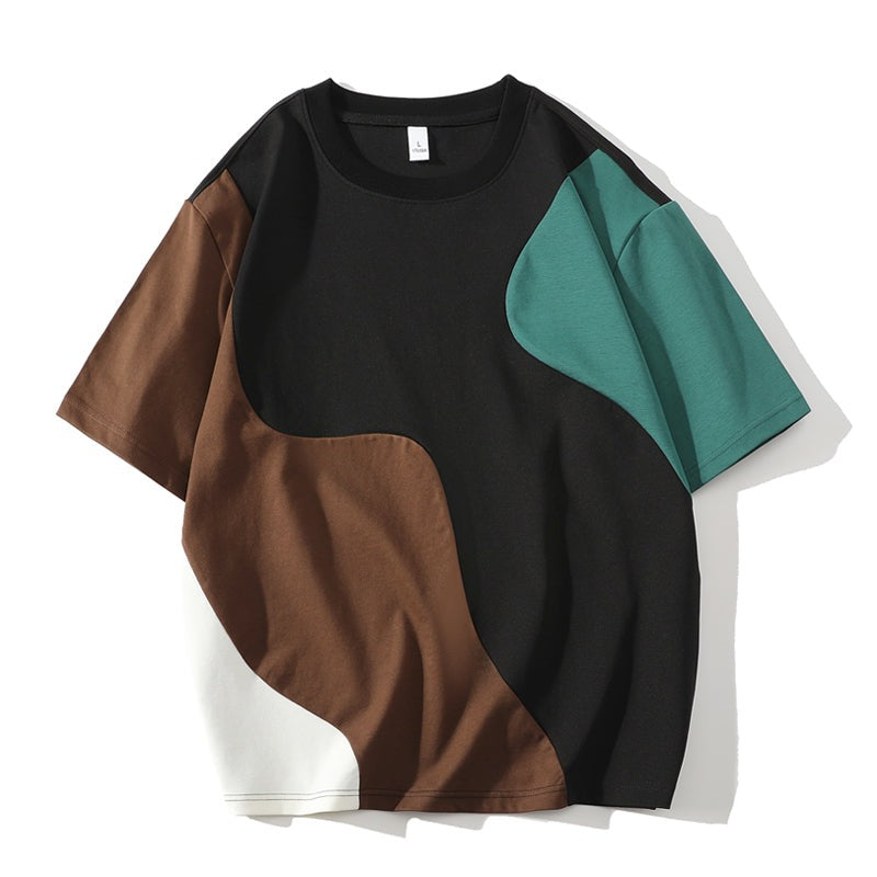 Heren T-shirt met ronde hals en golvende kleurvlakken - zwart