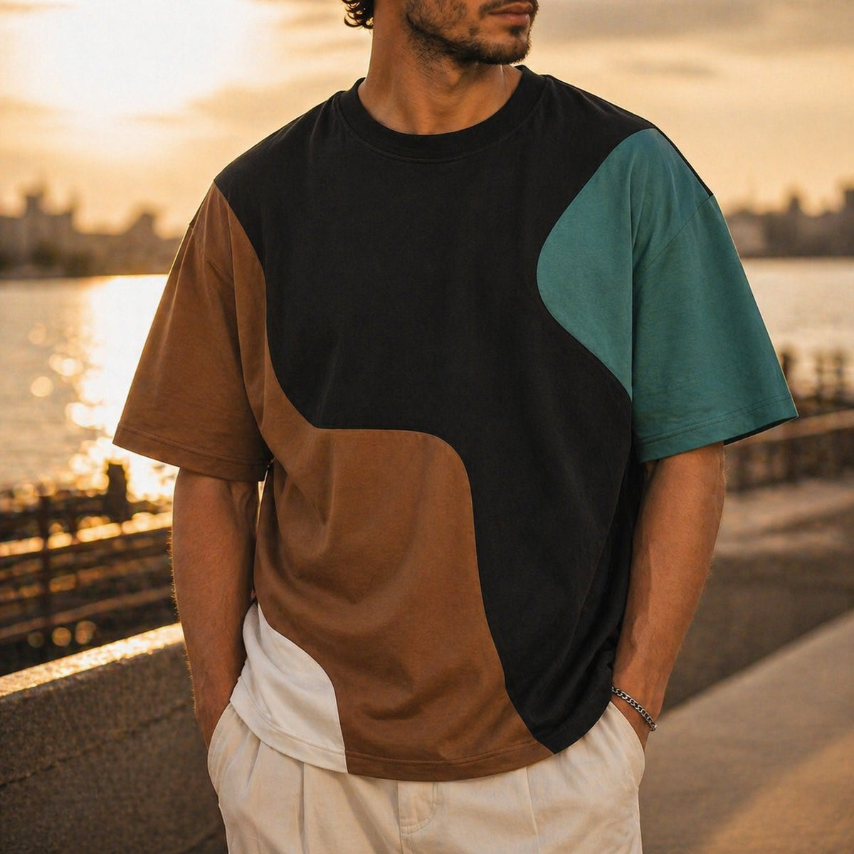 Heren T-shirt met ronde hals en golvende kleurvlakken - beeld 3