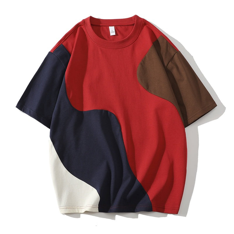 Heren T-shirt met ronde hals en golvende kleurvlakken - rood