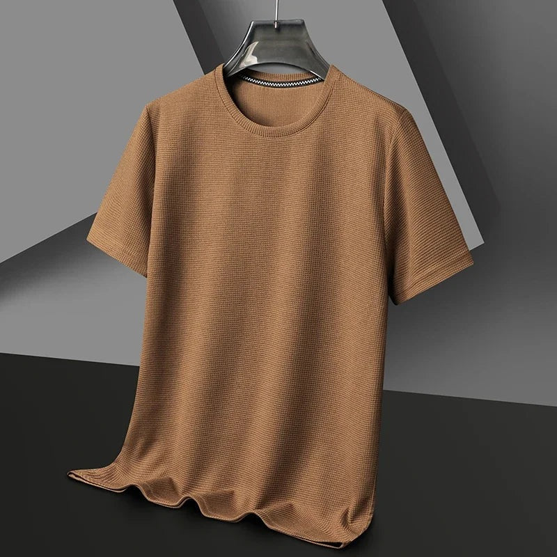 Heren T-shirt met wafelstructuur en ronde hals - camel