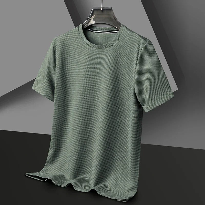 Heren T-shirt met wafelstructuur en ronde hals - saliegroen