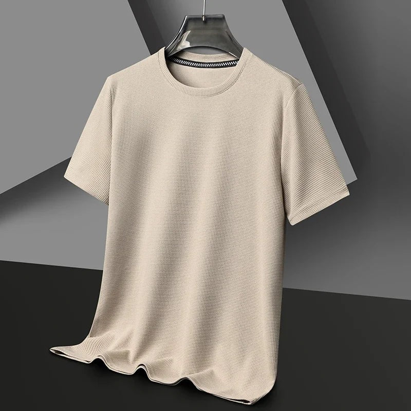 Heren T-shirt met wafelstructuur en ronde hals - zandbeige
