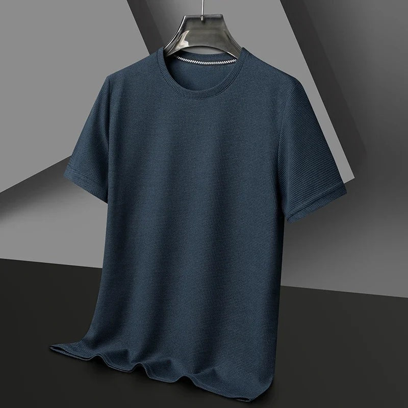 Heren T-shirt met wafelstructuur en ronde hals - marineblauw