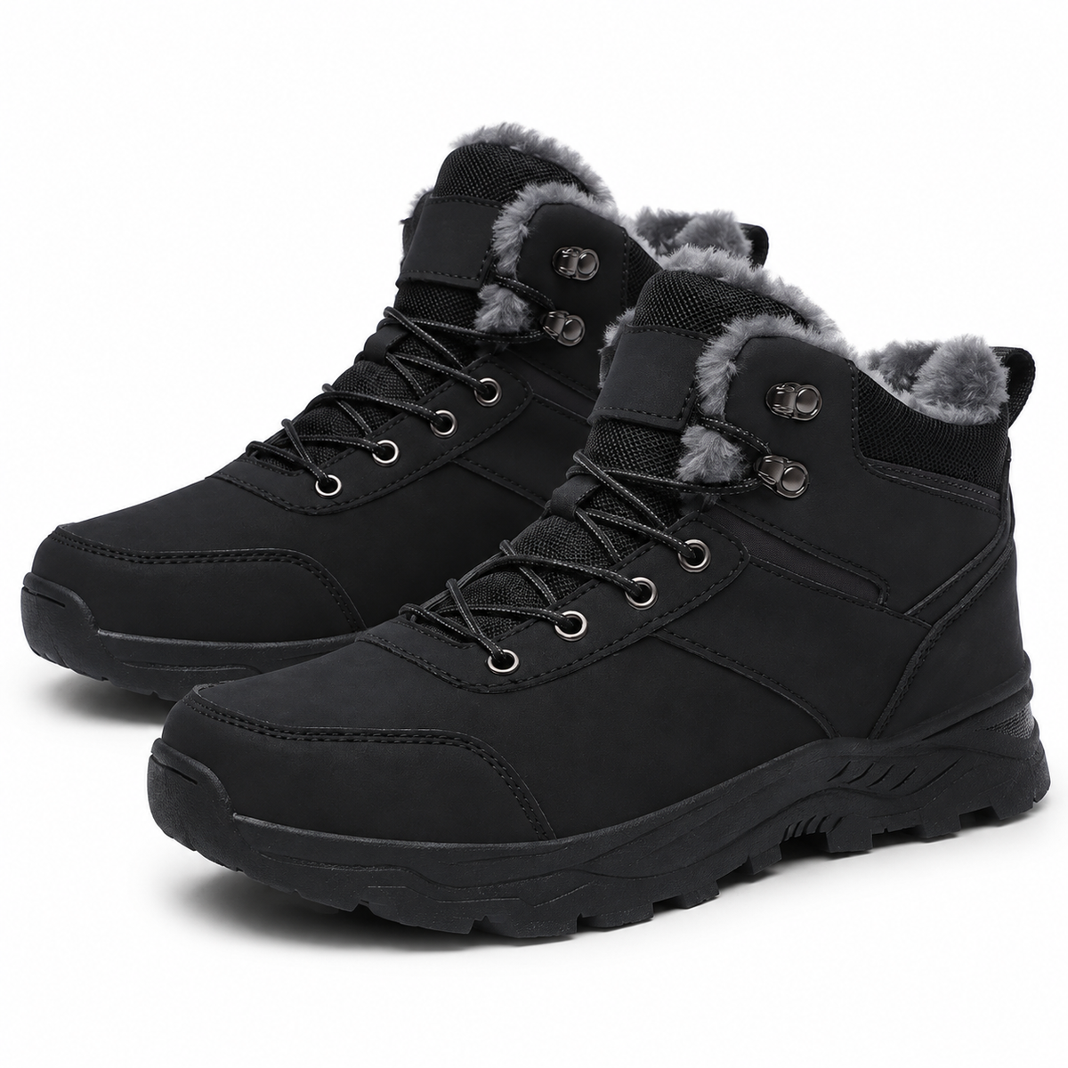 Heren winterwandelschoenen met fleecekraag, gewatteerde tong en grove zool - zwart