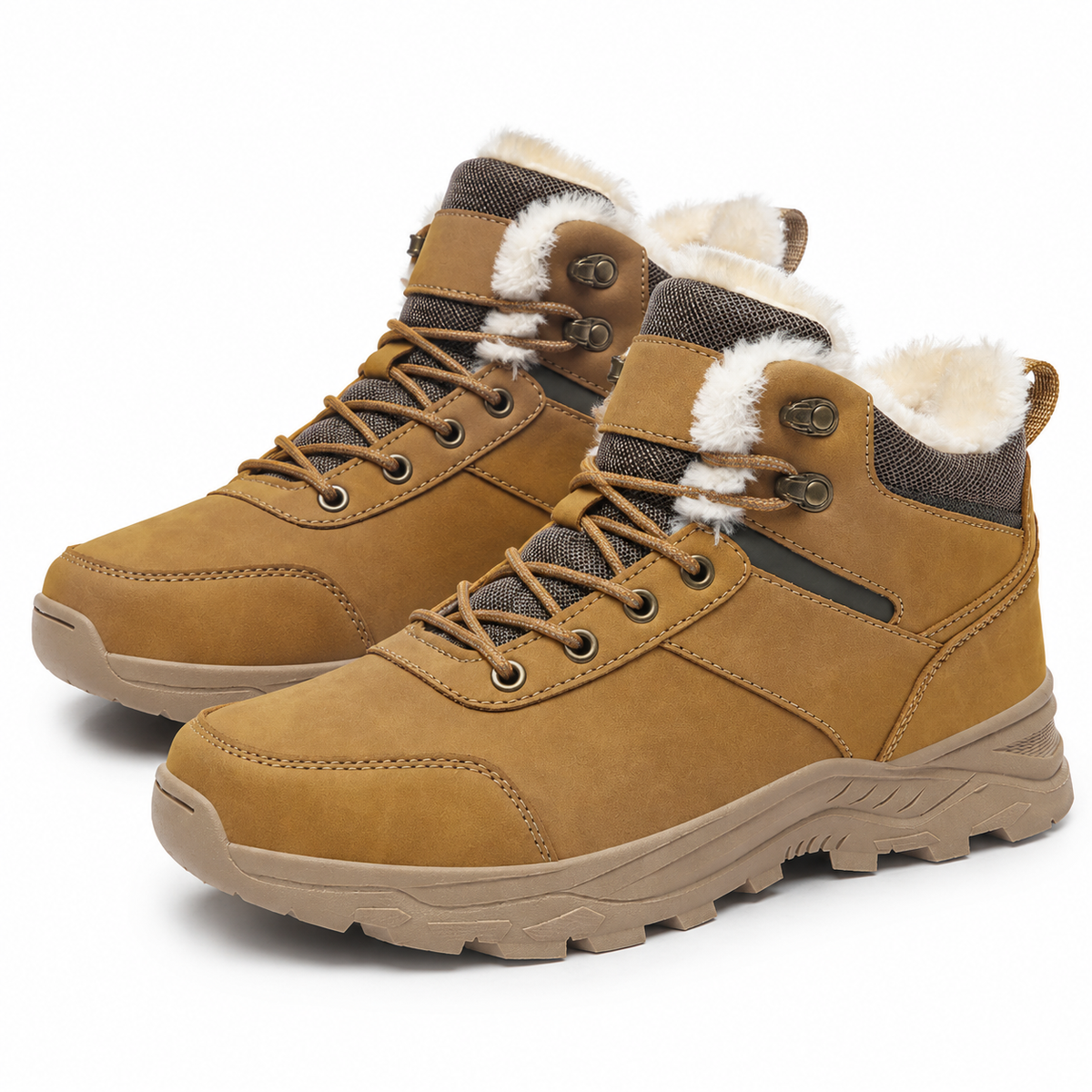 Heren winterwandelschoenen met fleecekraag, gewatteerde tong en grove zool - camel