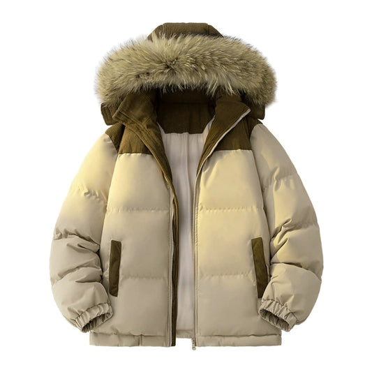 Heren winterjas met capuchon in beige, met bontrand en bruin ribfluwelen schouderstuk, voorkant