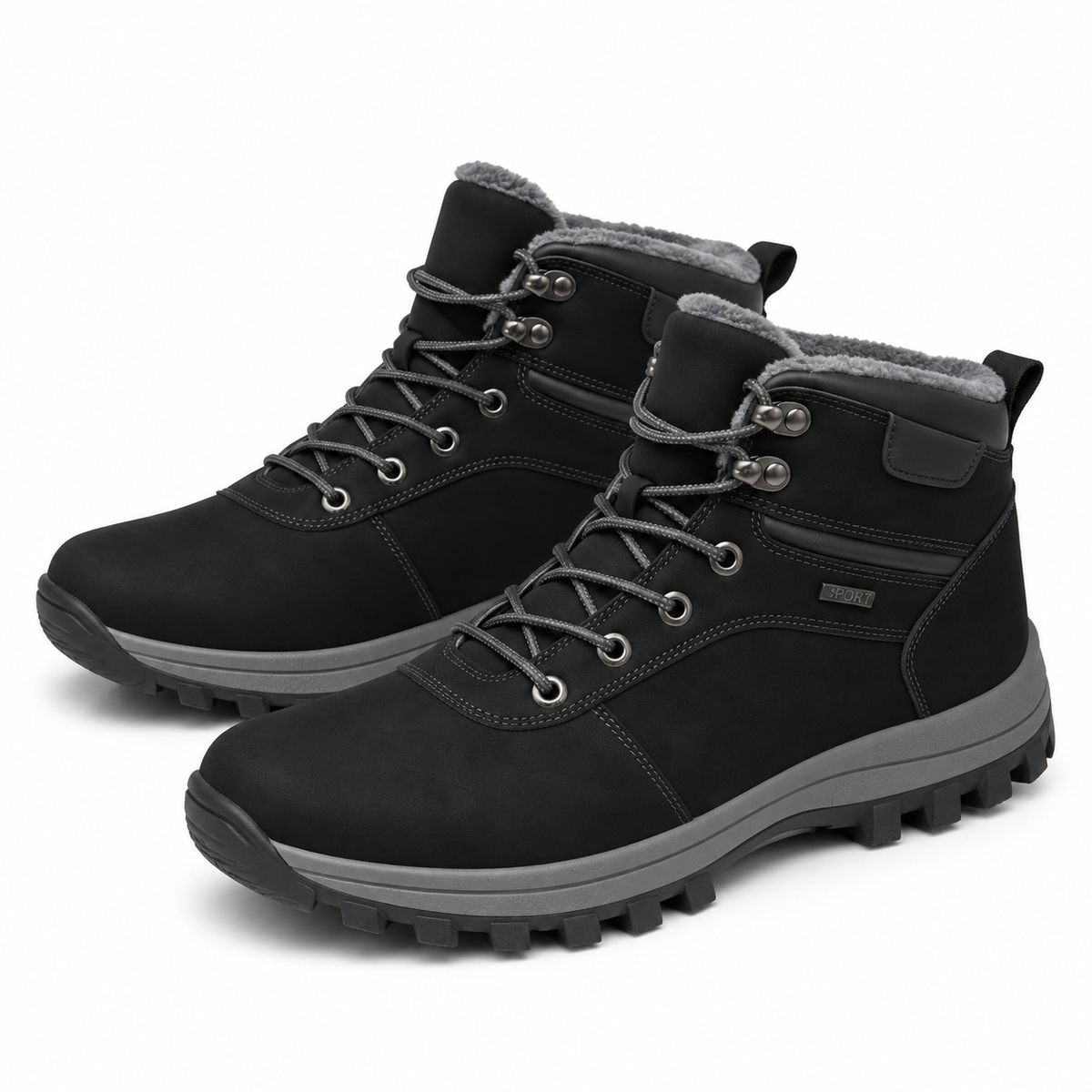 Heren winterboots in suède look met gewatteerde rand en profielzool - zwart