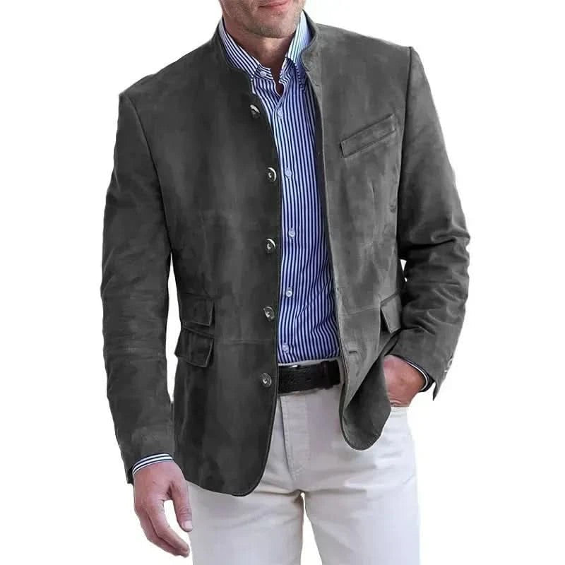 Herenblazer in suède look met opstaande kraag en vijf knopen - grijs