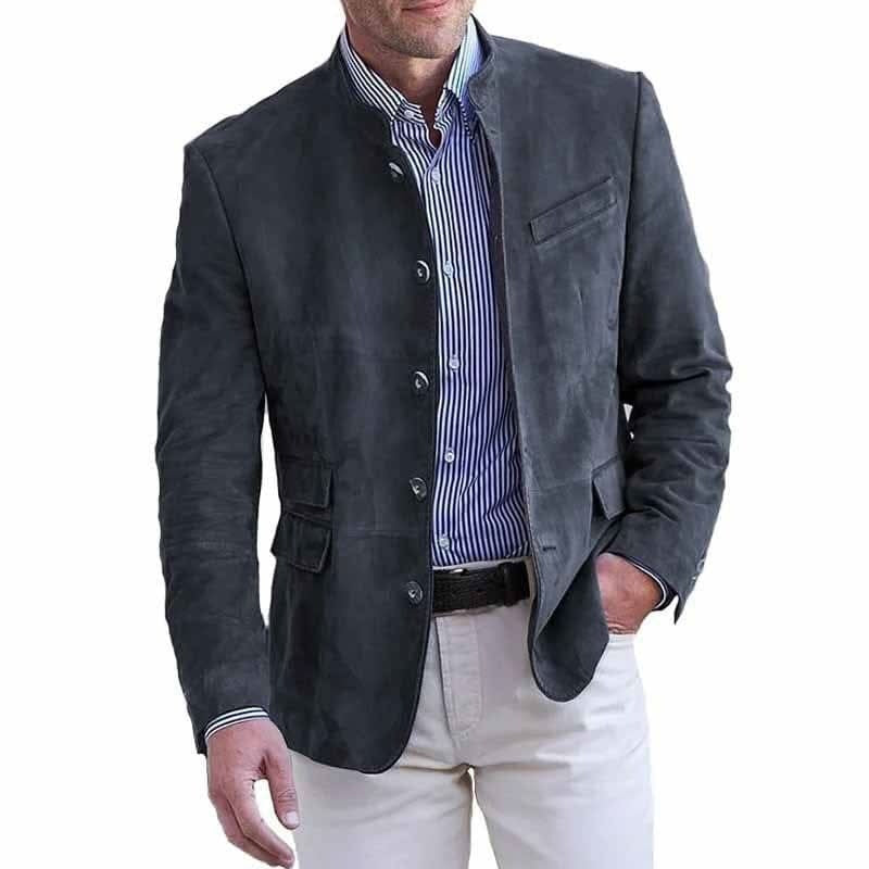 Herenblazer in suède look met opstaande kraag en vijf knopen - leigrijs