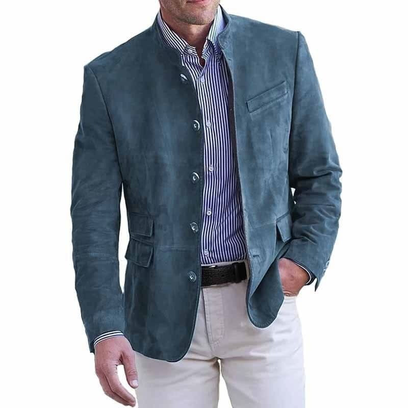 Herenblazer in suède look met opstaande kraag en vijf knopen - staalblauw