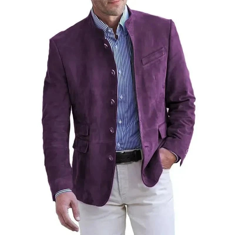 Herenblazer in suède look met opstaande kraag en vijf knopen - paars