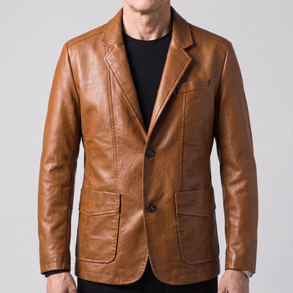 Herencolbert in leerlook met twee knopen en opgestikte zakken - cognac