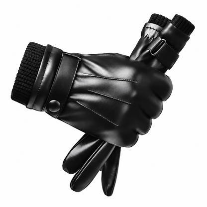Herenhandschoenen van PU-leer met gebreide manchet en polsbandje - zwart
