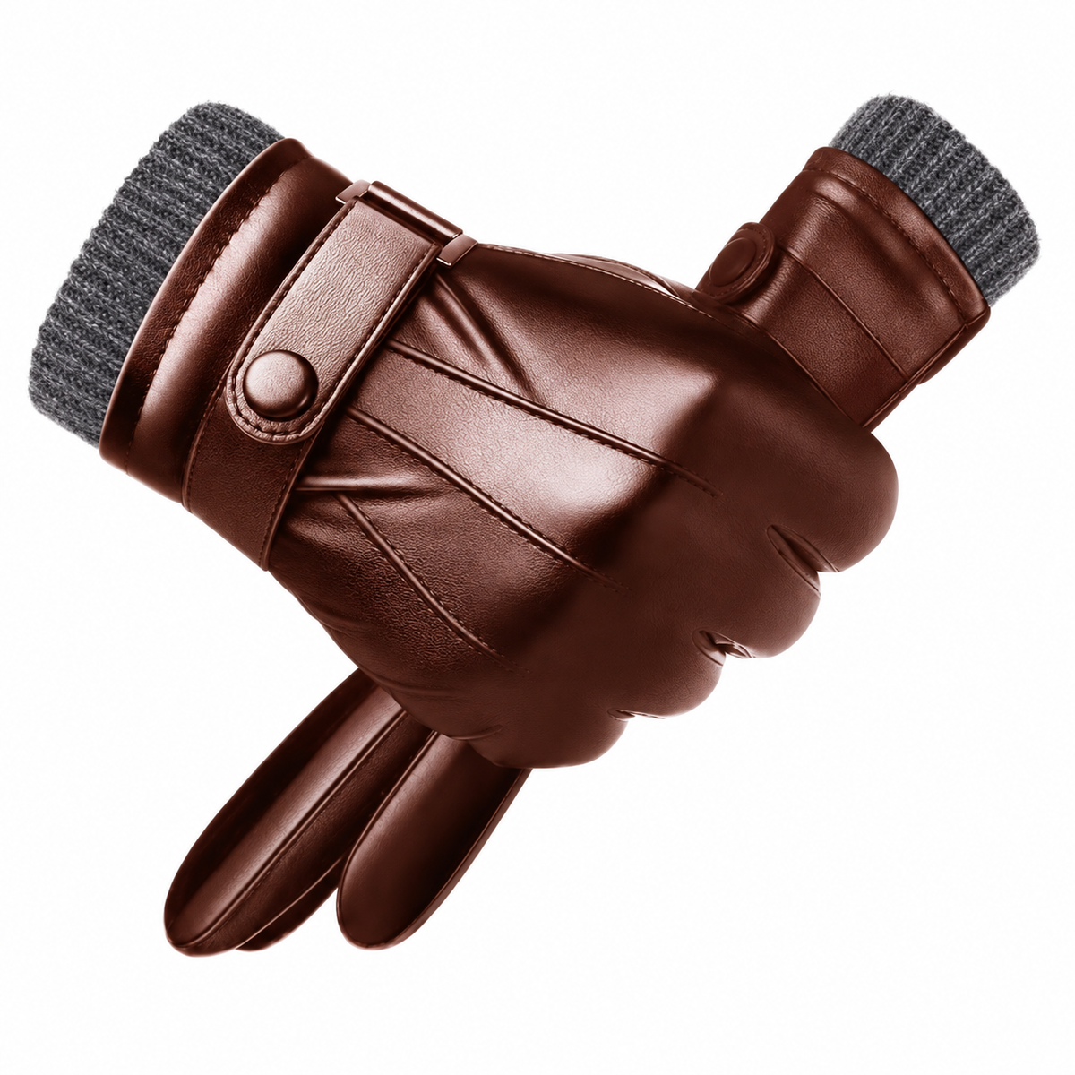 Herenhandschoenen van PU-leer met gebreide manchet en polsbandje - bruin