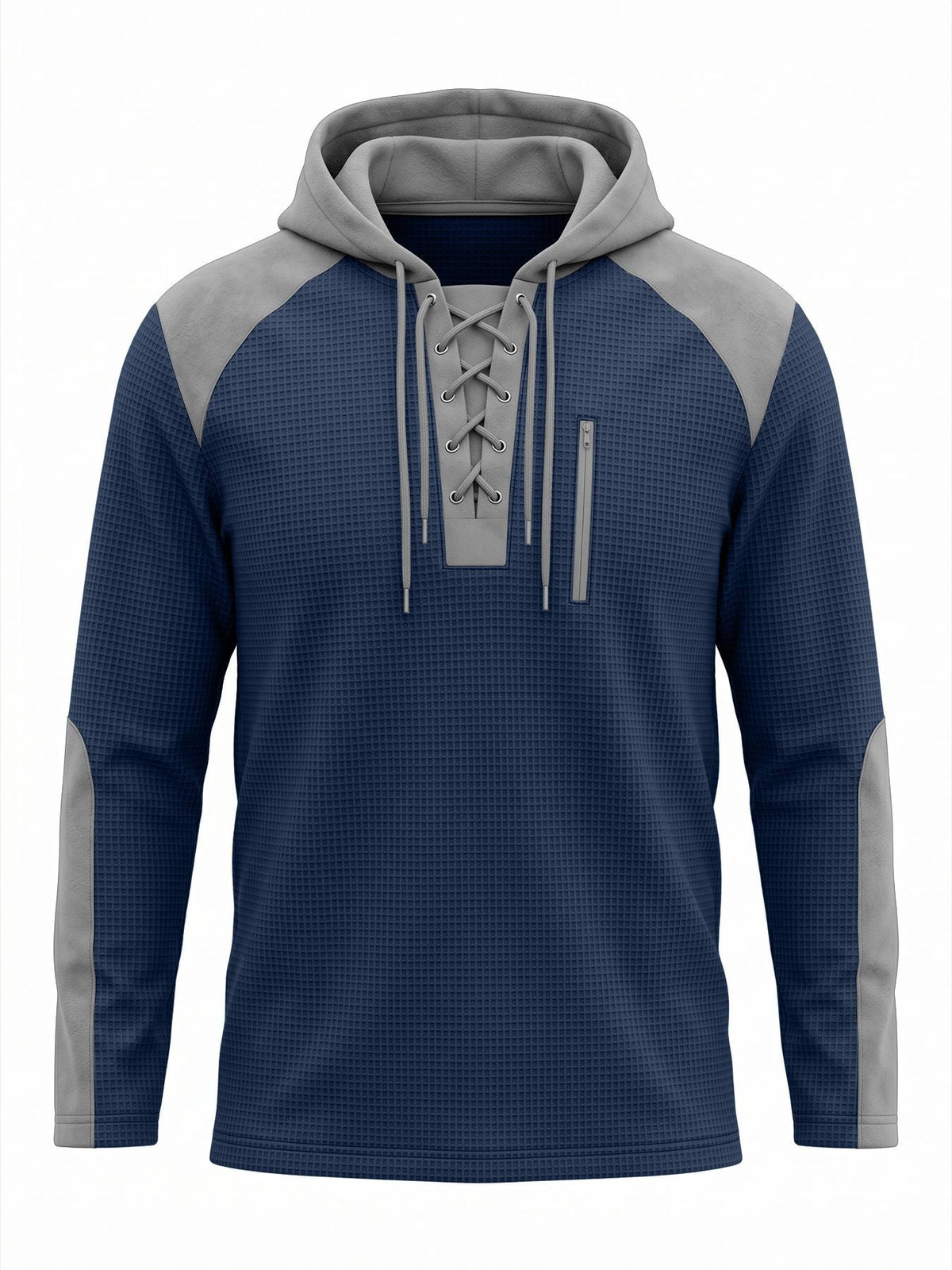 Herenhoodie in wafelstructuur met veterhals en borstzak - marineblauw