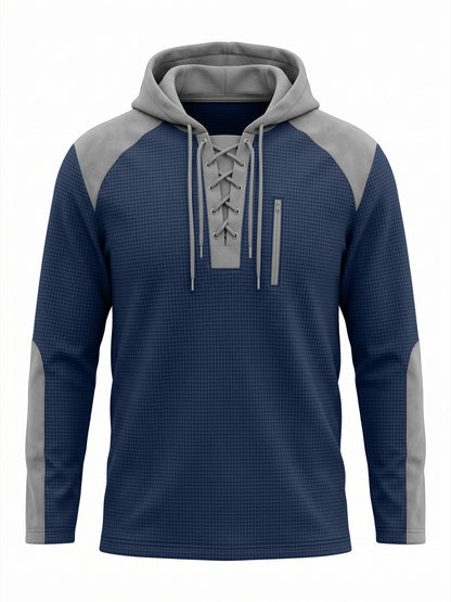 Herenhoodie in wafelstructuur met veterhals en borstzak - marineblauw