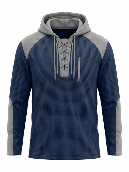 Herenhoodie in wafelstructuur met veterhals en borstzak - marineblauw